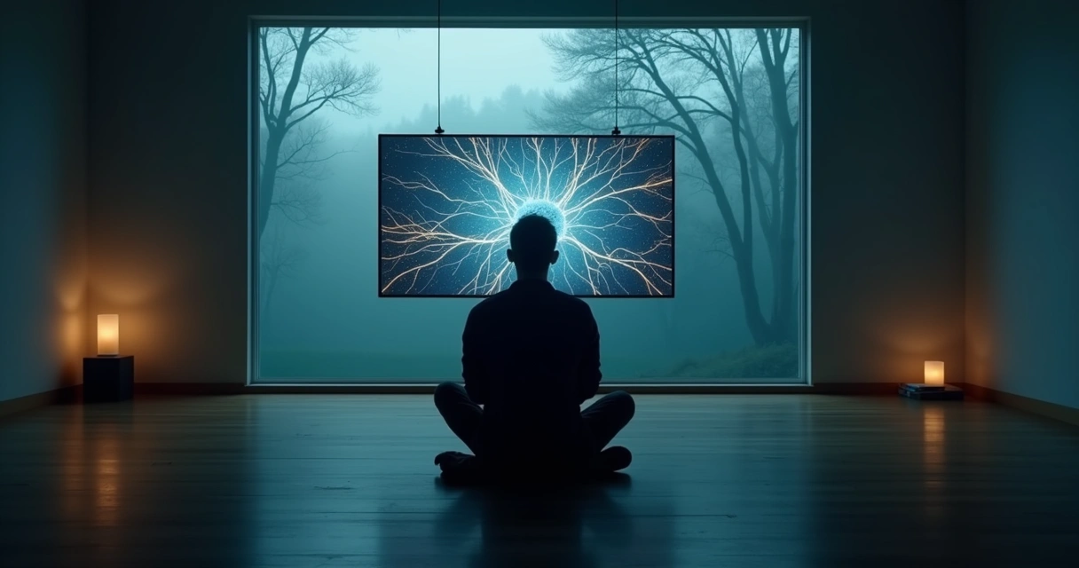 Persona frente a pantalla luminosa con fondo de bosque y aura sutil 