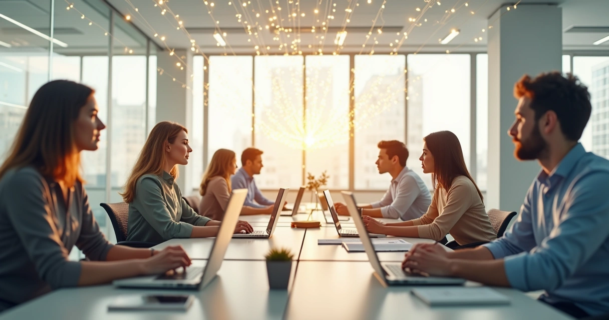 Pessoas conectadas por linhas em um ambiente de trabalho