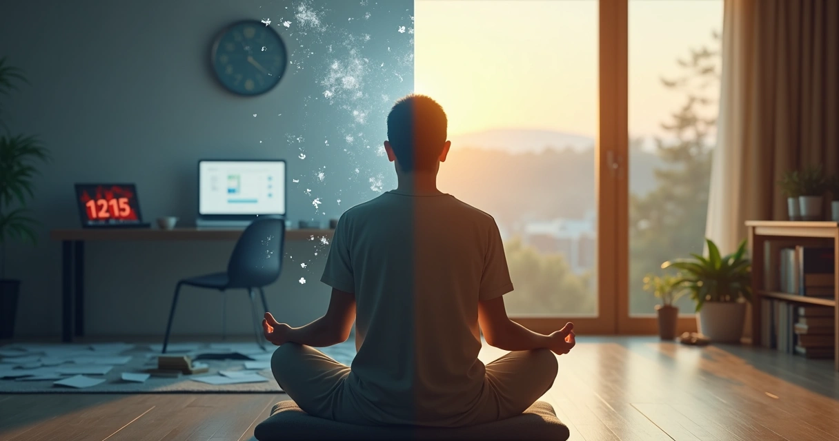 Pessoa sentada em reflexão com metade do cenário caótico e metade calmo 