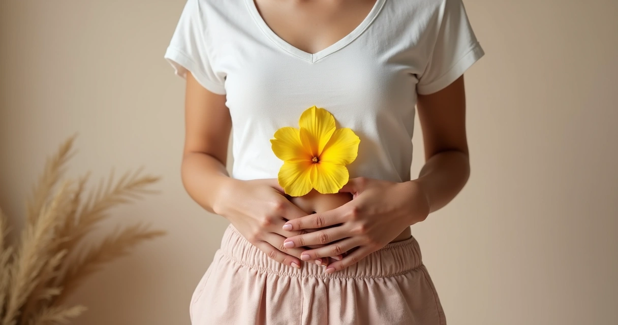 Mulher segurando flor amarela sobre a região do abdômen em símbolo de conscientização da endometriose 