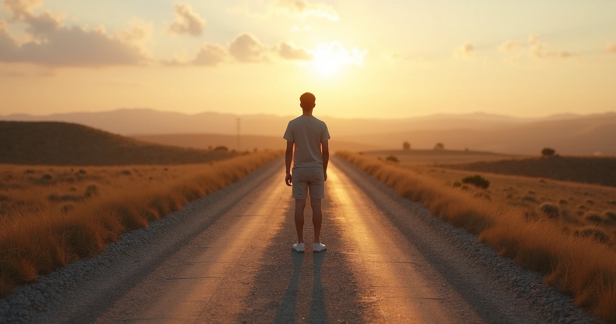 Person standing at a crossroads casting a clear, centered shadow on a sunlit path 