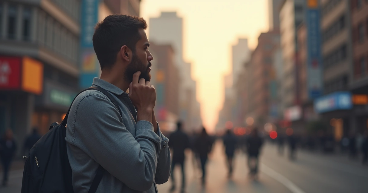 Person pausing before acting, hand to chin, with a calm, thoughtful background 