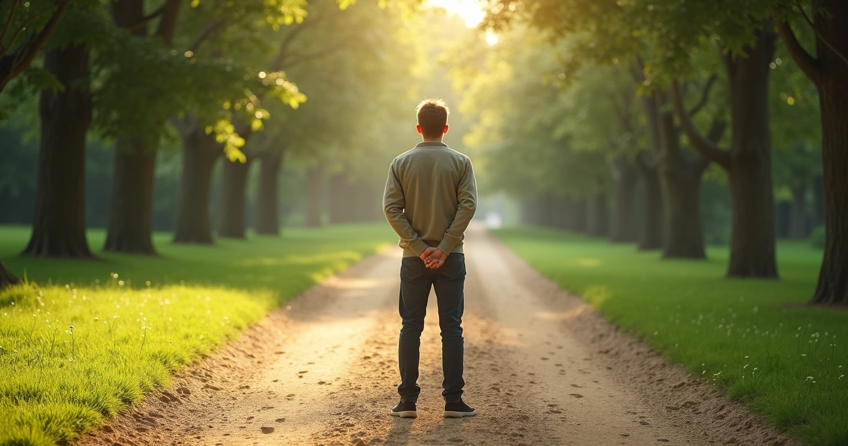Person making a thoughtful choice at a forked path in a park 
