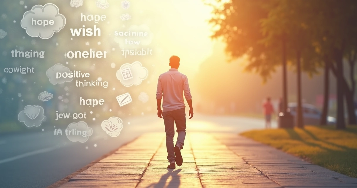 Person stepping forward from chaotic thoughts into clear focused action 