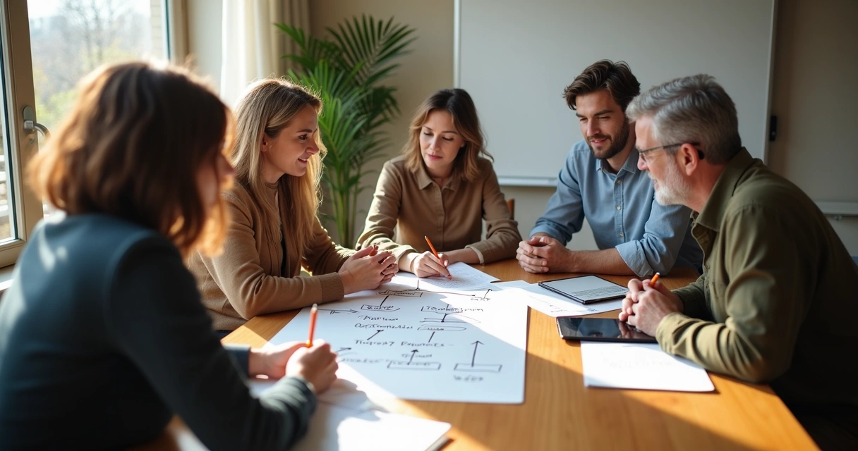 Group making deliberate decisions together around a table 