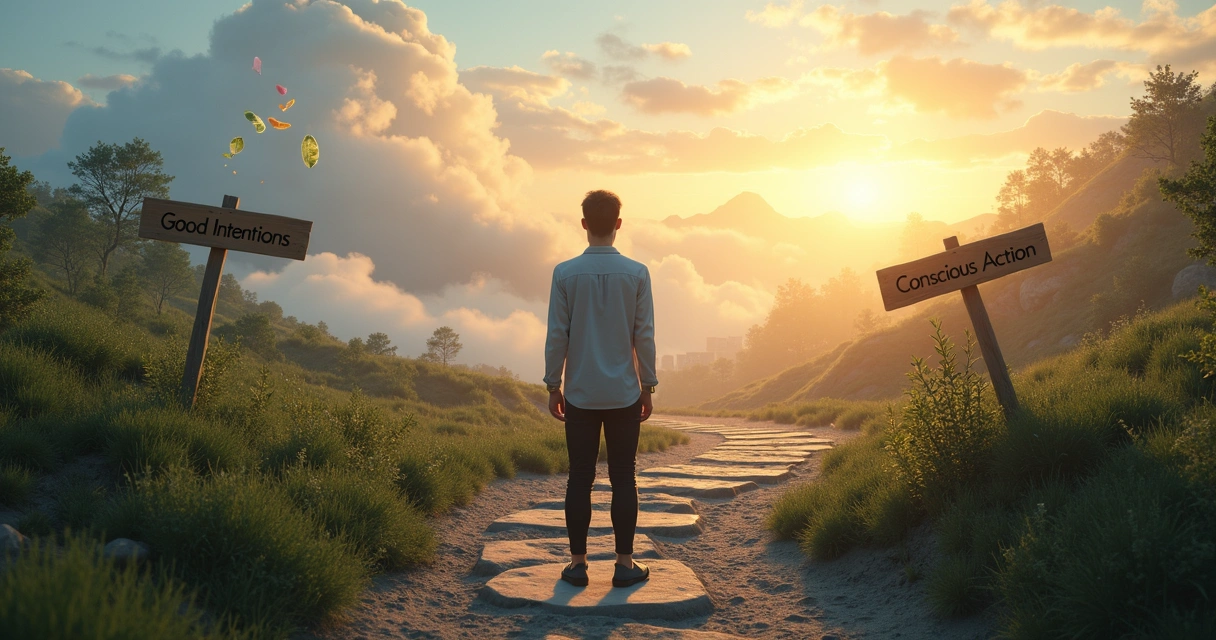 Person standing at a crossroads choosing a clear action path over a cloudy intention path 