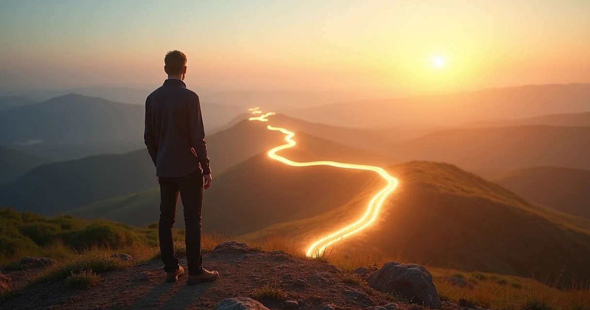 Person standing at a crossroads of illuminated paths representing conscious agency and responsibility 