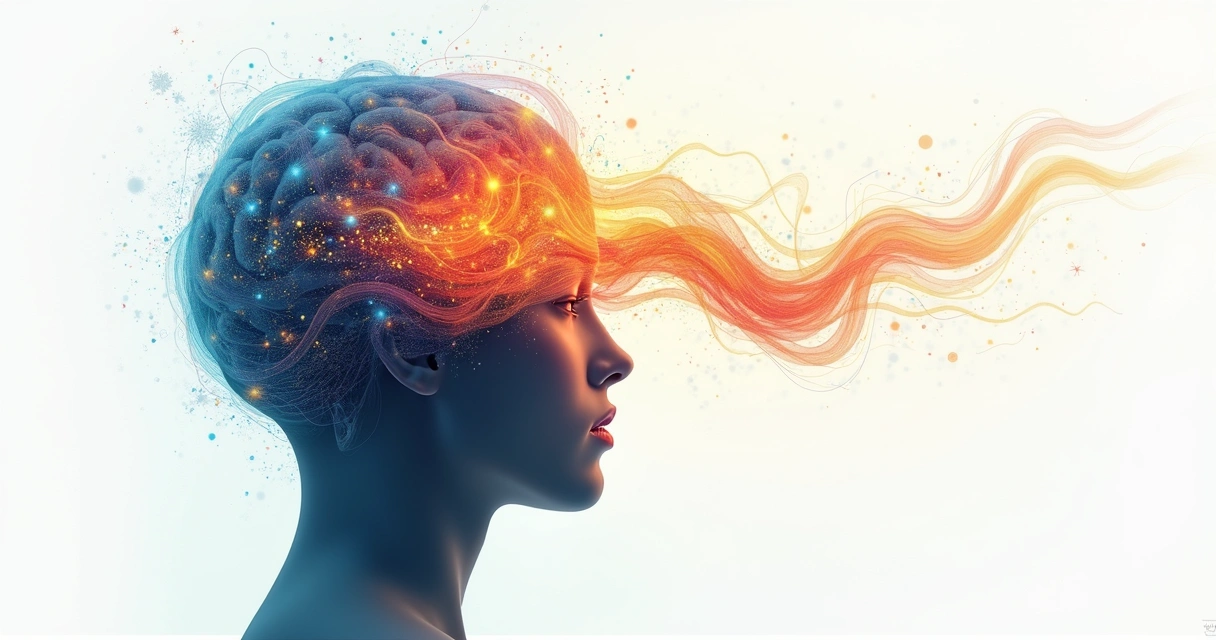 Illustration of a person with outlines showing streams of thoughts, emotions, and actions interconnected, with areas of the brain highlighted to represent attention getting focused on certain ideas. 