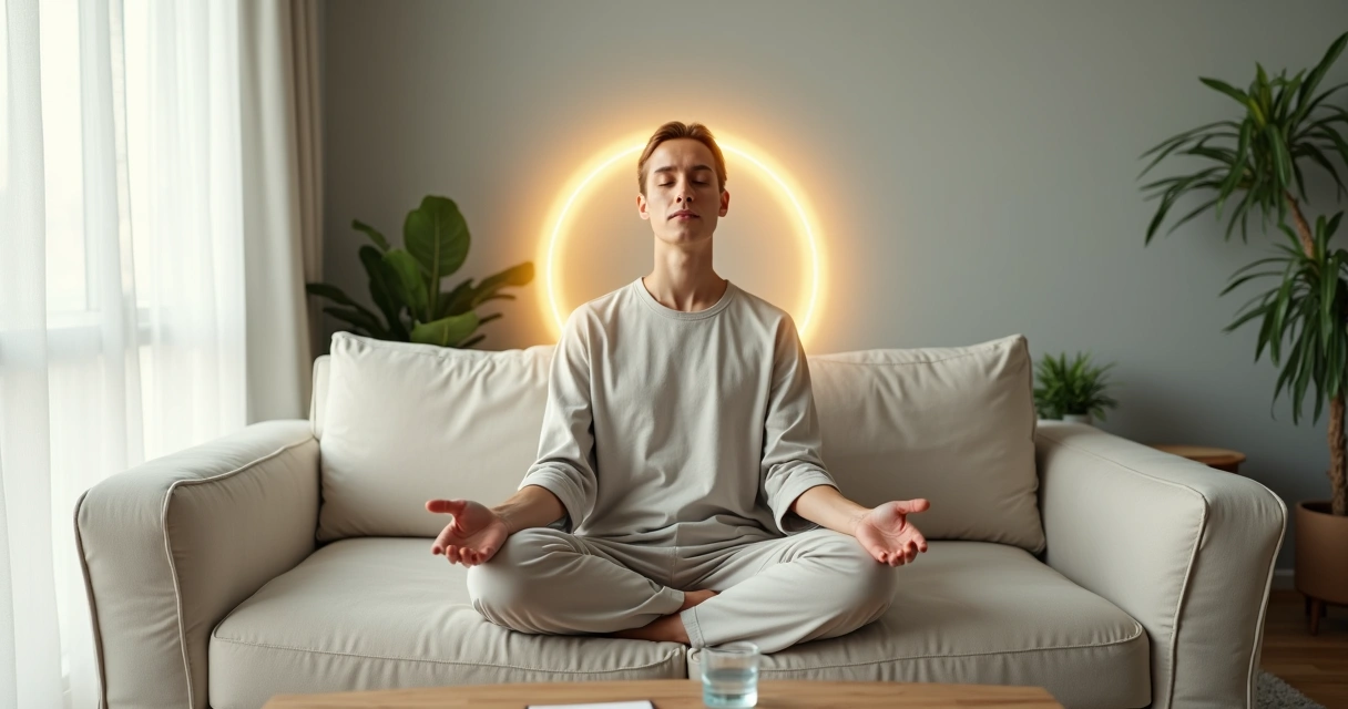 Calm person surrounded by a soft glowing circle boundary in a peaceful room 
