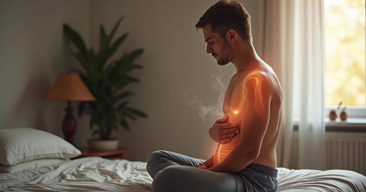 Person sitting in meditation holding painful shoulder while focusing on breathing 