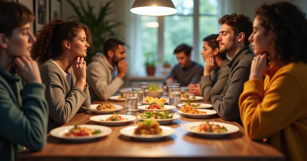 People at a table pausing to breathe before eating 