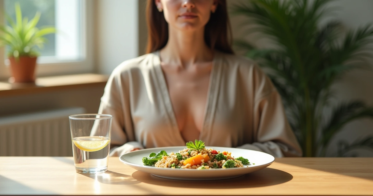 Person pausing to breathe deeply before eating a healthy meal at a table 
