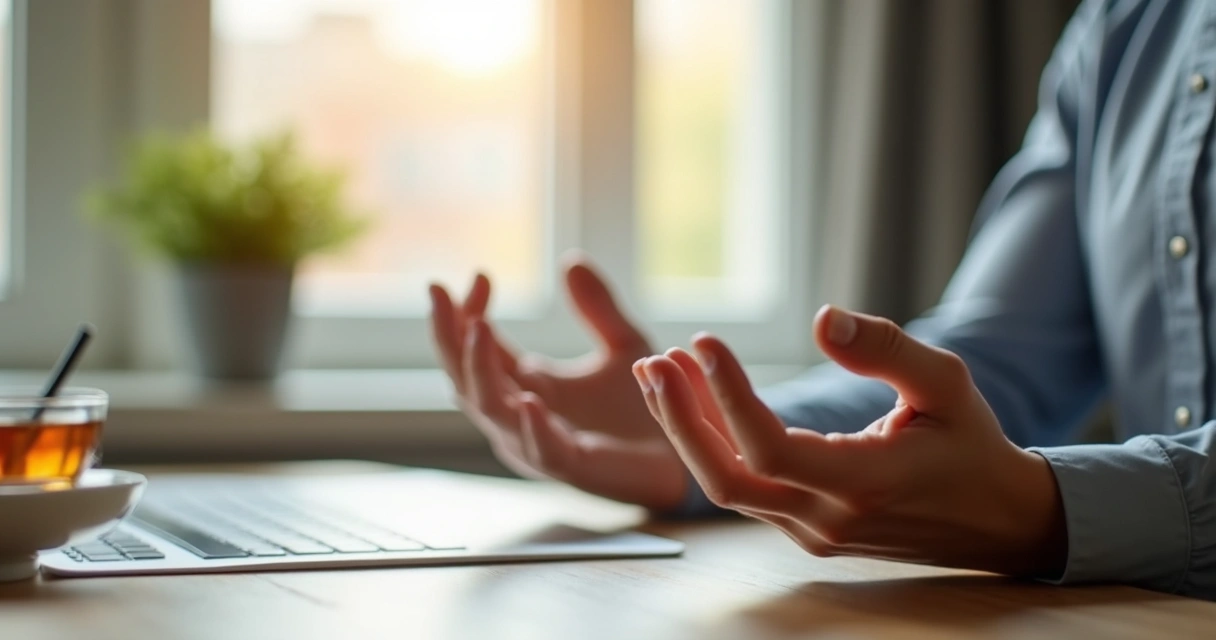 Individual practicing mindful breathing sitting at a desk 