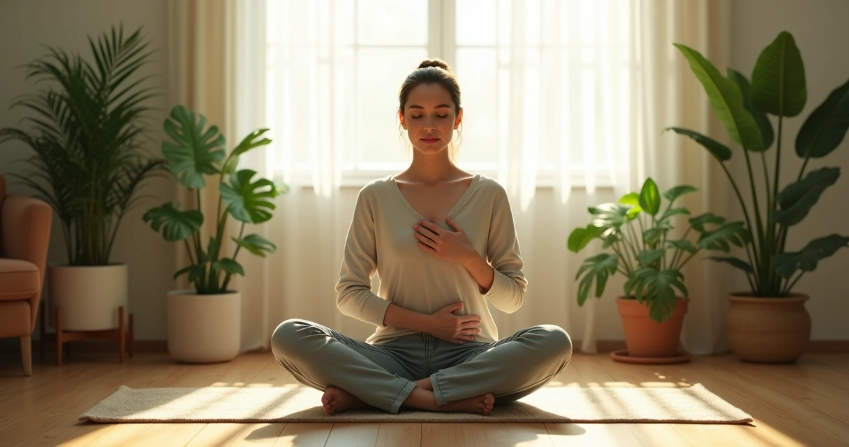 Person sitting cross-legged on a wood floor, eyes closed, hands on chest and abdomen, in a bright room with plants and soft morning light