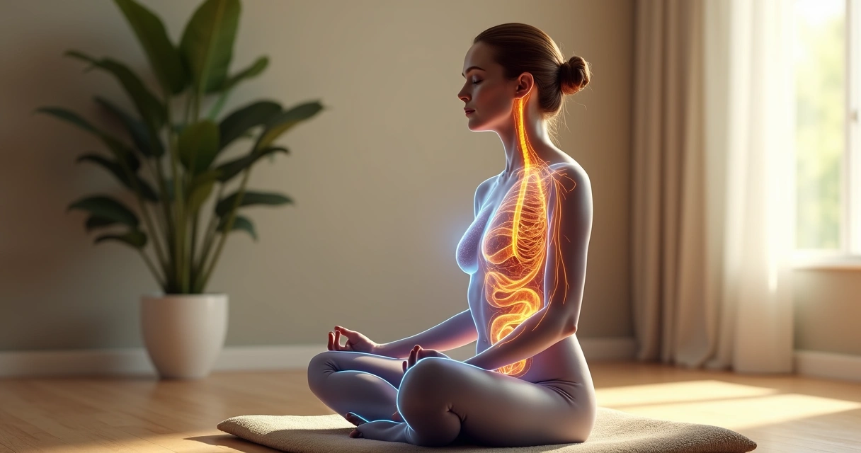 Person meditating with highlighted vagus nerve and calm nervous system 