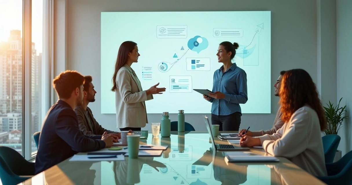 Diverse team in a modern office exchanging feedback around a glass table 