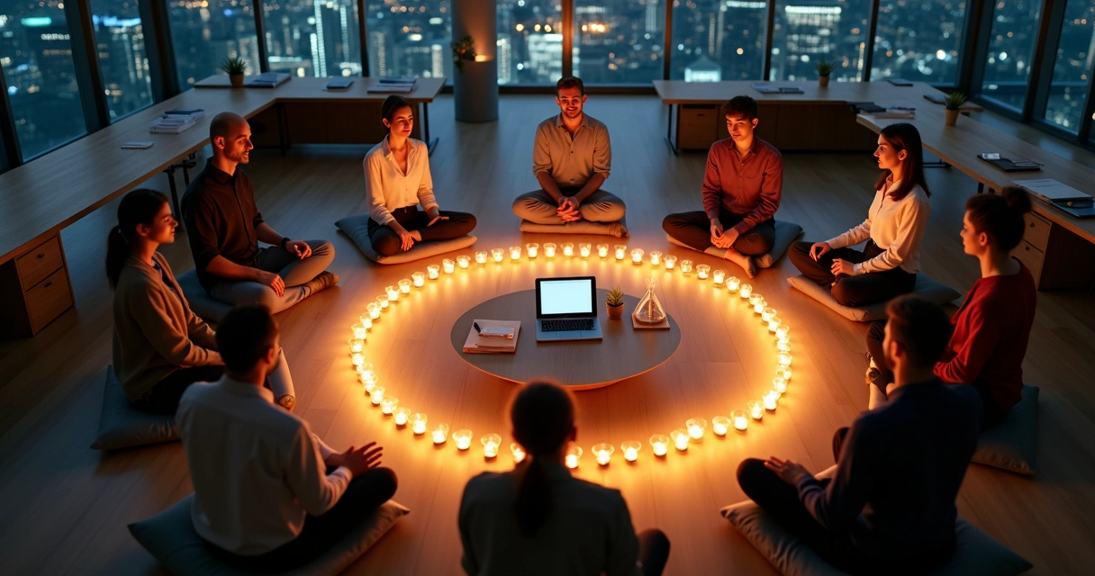 Team forming a candlelit circle around symbols of business change 