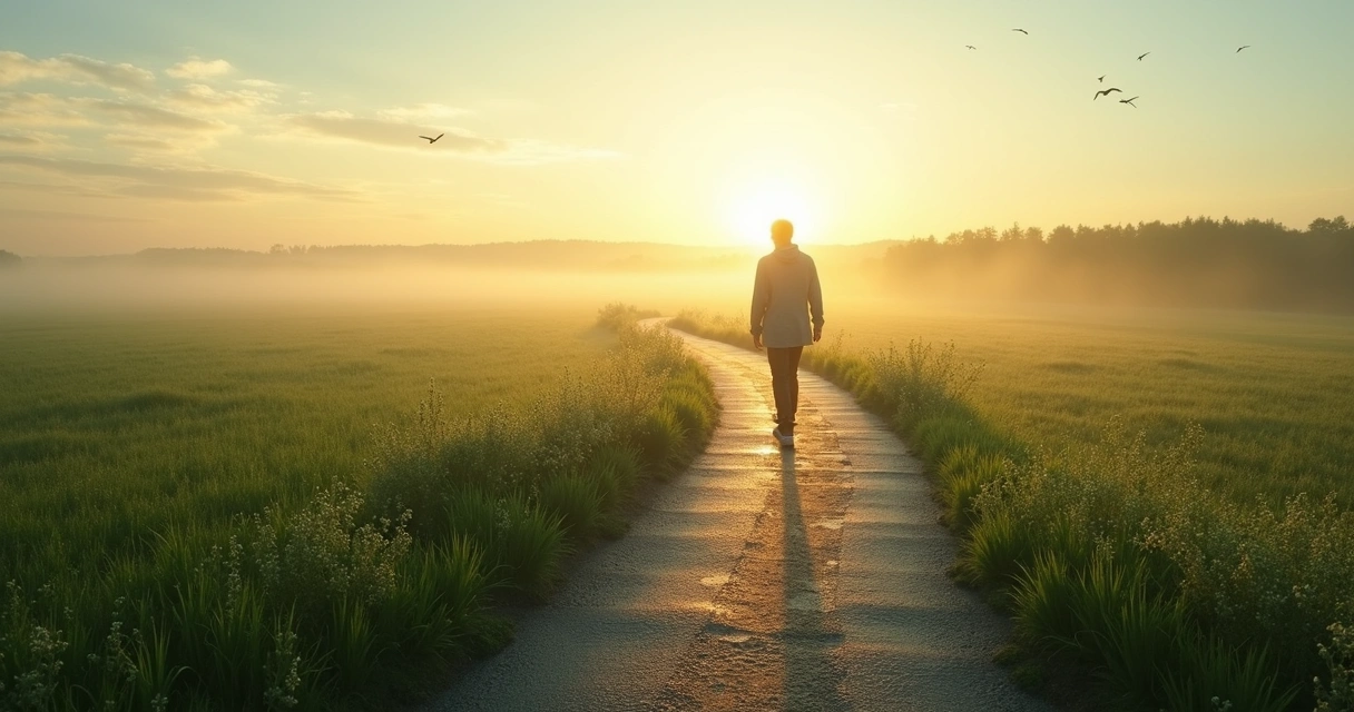 Person walking along a path toward sunrise 