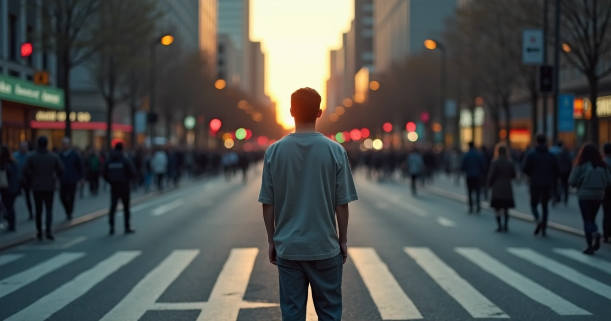 Person standing at a fork in the road facing a crowd going the opposite way 