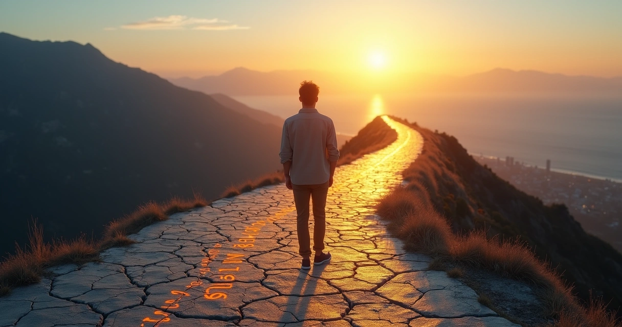 Person standing at a crossroads with one path made of tangled code and another of clear light 