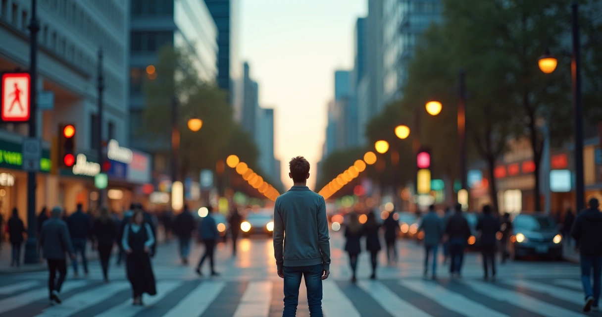 Person at busy city crossing with two contrasting paths ahead 