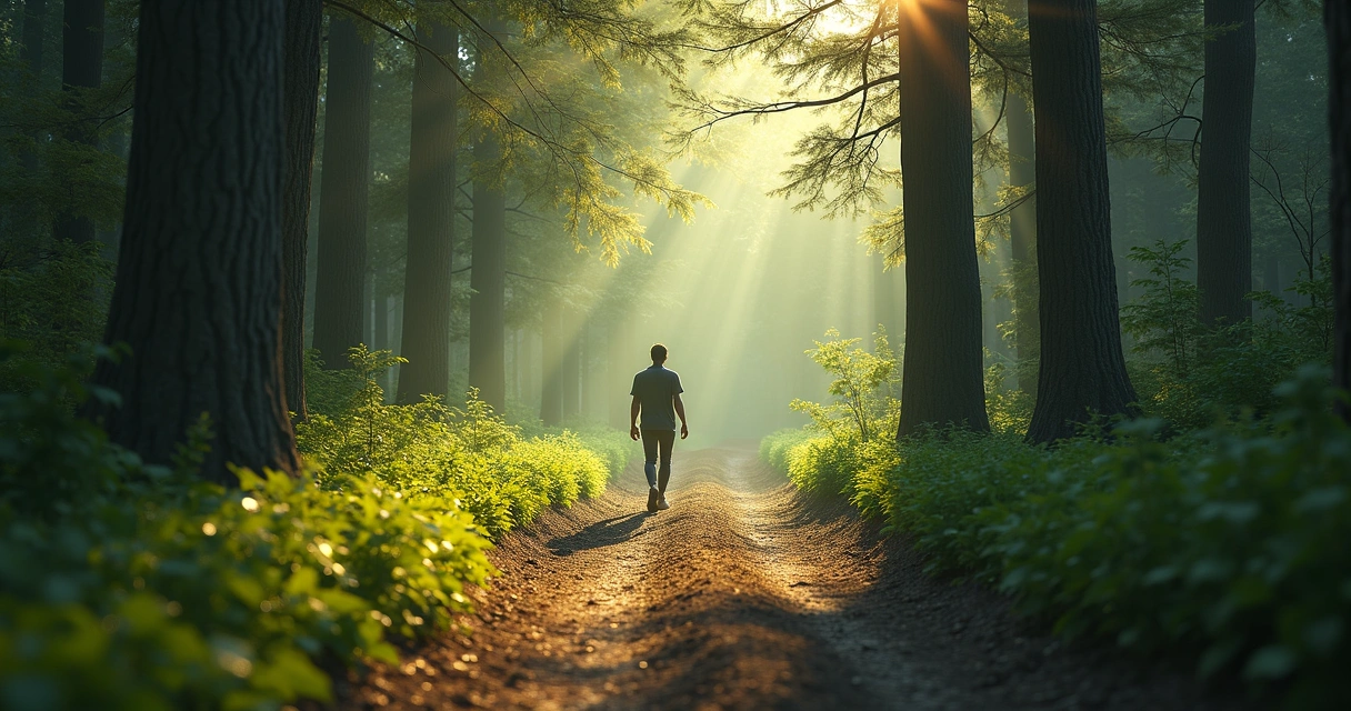Person walking along a forest path, light filtering through trees, symbolizing personal journey and conscious choice. 