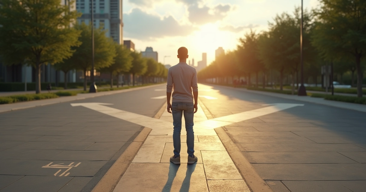Person standing at crossroads with shadow of hidden bias behind 