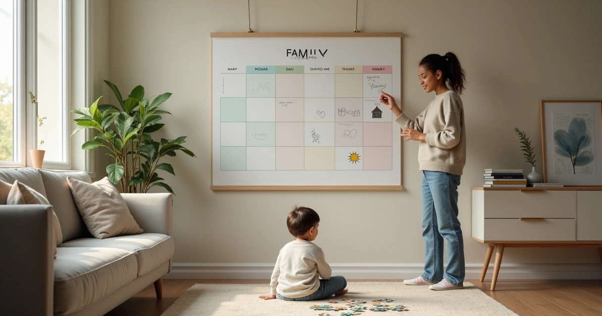 Two adults calmly planning co-parenting time on a colorful family calendar wall 