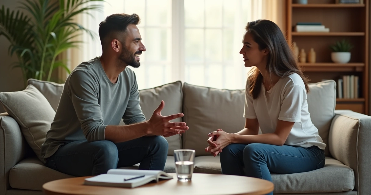 Two people sitting on a sofa calmly resolving a disagreement at home 