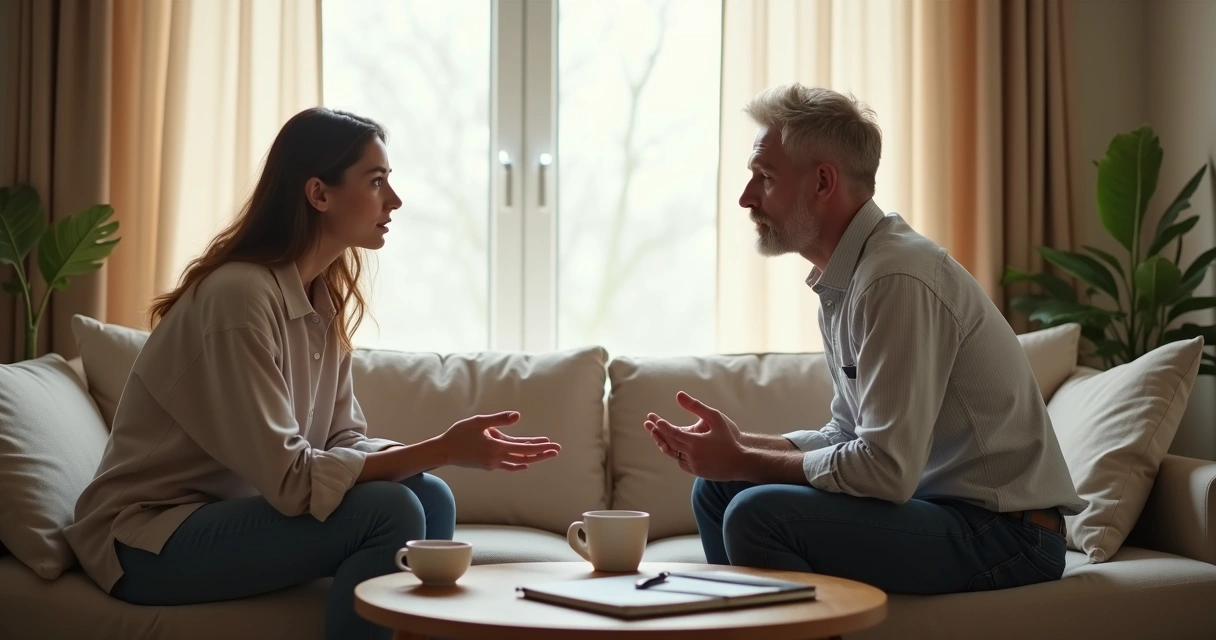 Two people talking calmly in a quiet room during a tense moment 