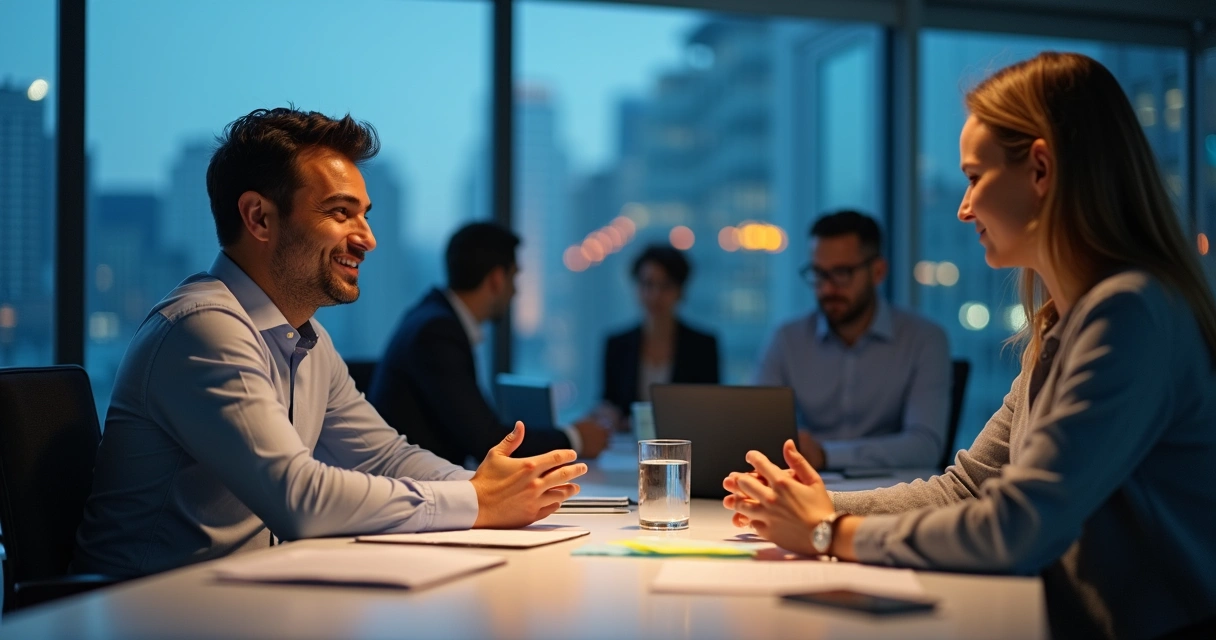 Two people calmly talking in a tense office meeting 