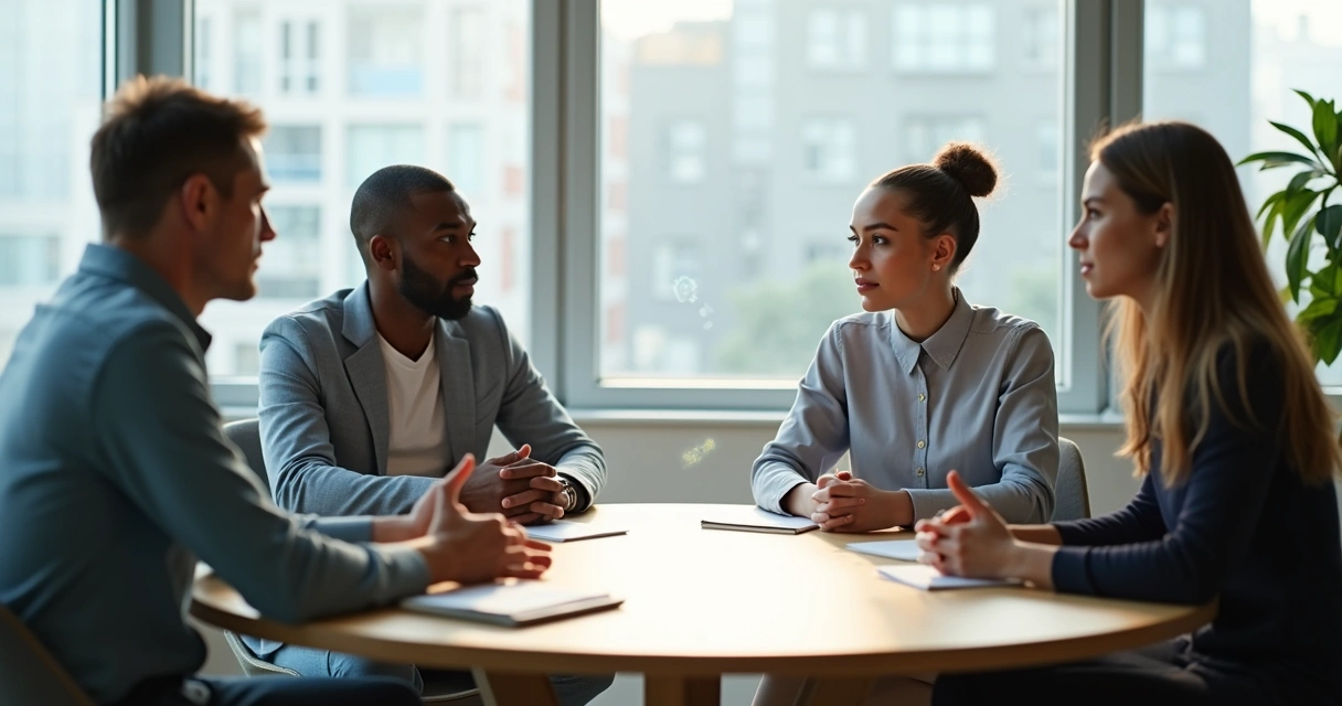 Diverse group in calm discussion around a table with a glowing connection line between them 