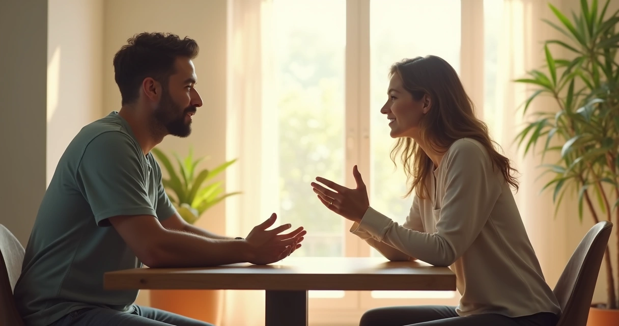 Two people sitting face to face, engaged in a meaningful, attentive conversation 