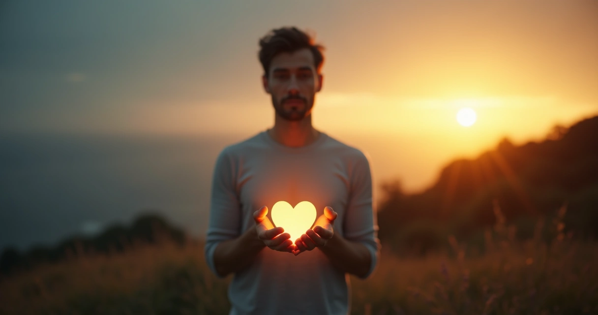 Person holding a glowing heart-shaped light in their hands while standing between shadow and sunlight 