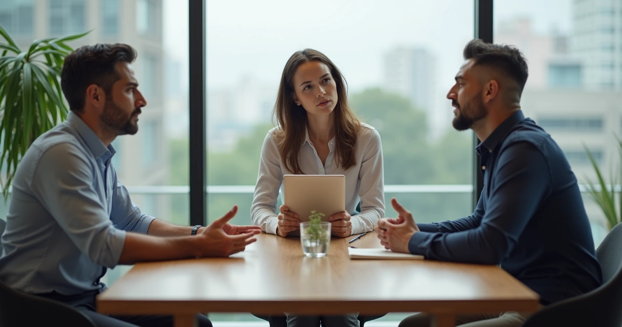 Two people in calm conversation at a table with a mediator creating a balanced atmosphere 