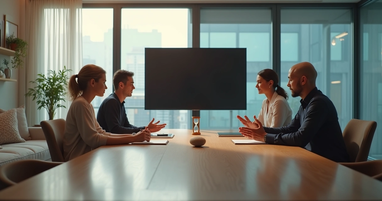 Two people at home and two colleagues at work linked by shared discussion table 