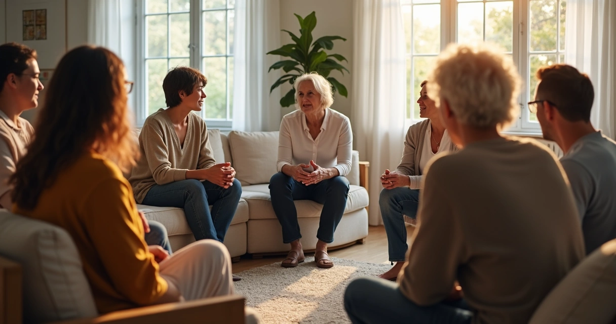 Group of people sitting in a circle in a serene setting, thoughtfully sharing and listening