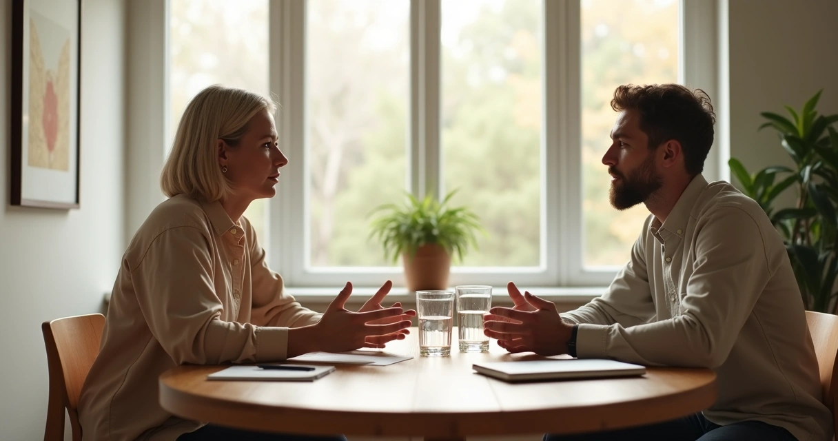 Two people in mindful conversation at a table with warm natural light 