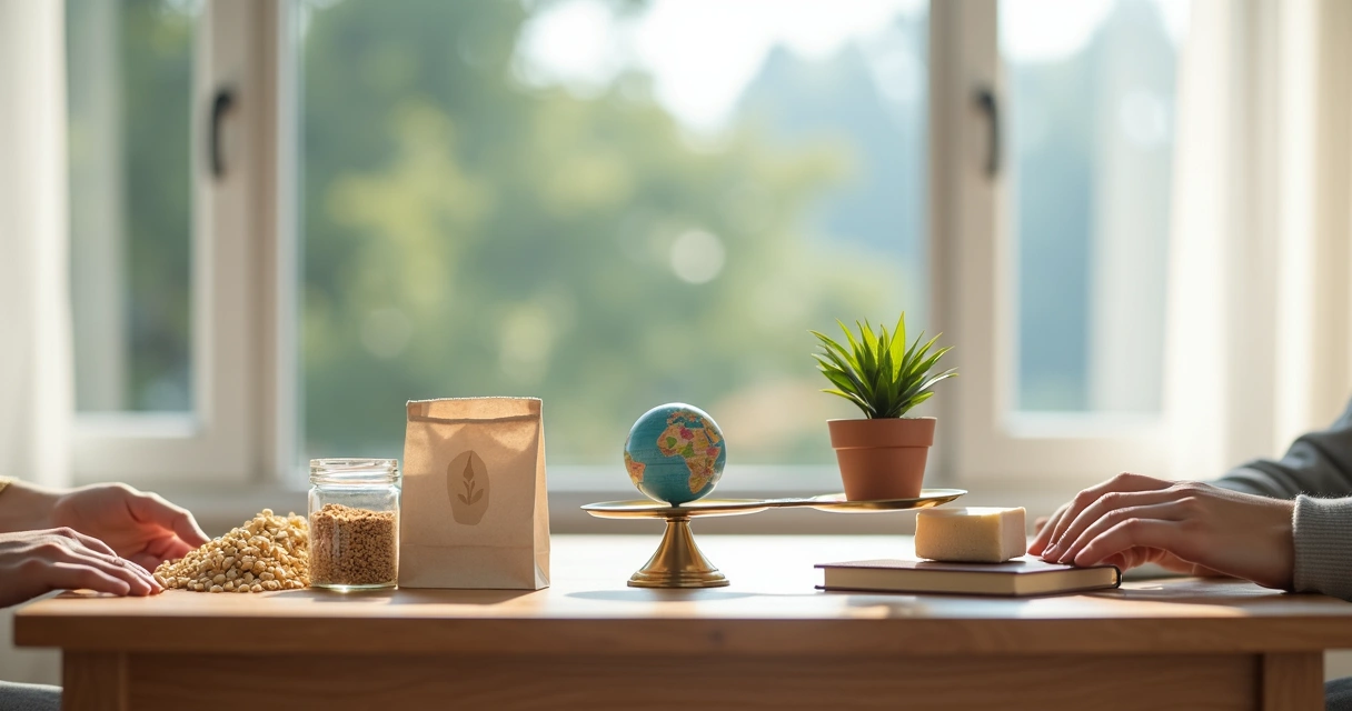 Person choosing products on wooden table balanced with nature elements 