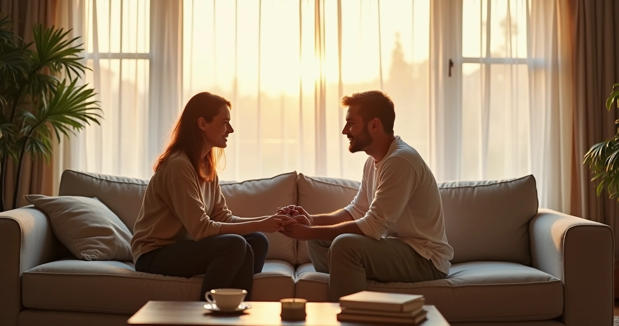 Couple sitting face to face on a sofa holding hands and talking mindfully 