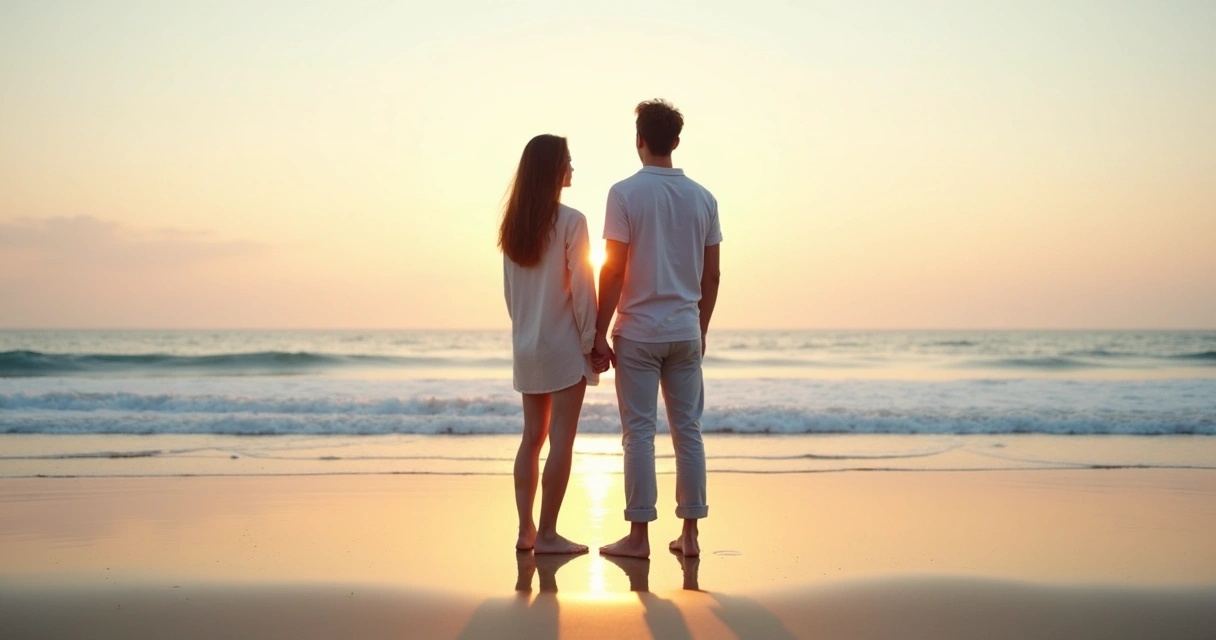 Two people connected by touch while facing different directions on a calm beach 