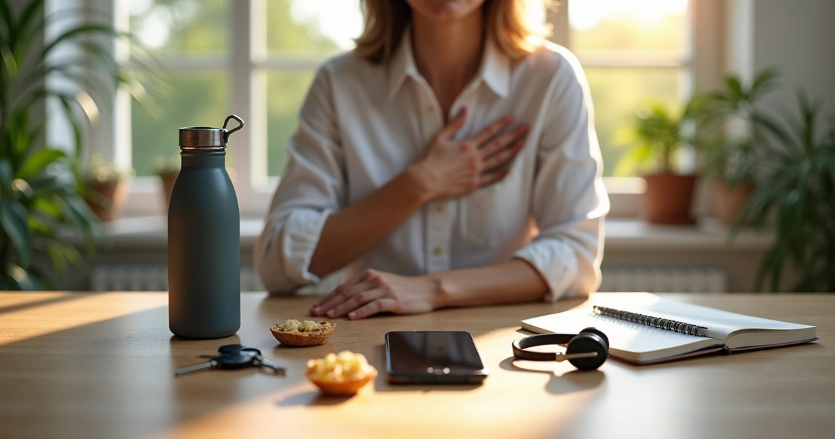 Person pausing with hand over heart while choosing between small daily options on a table 
