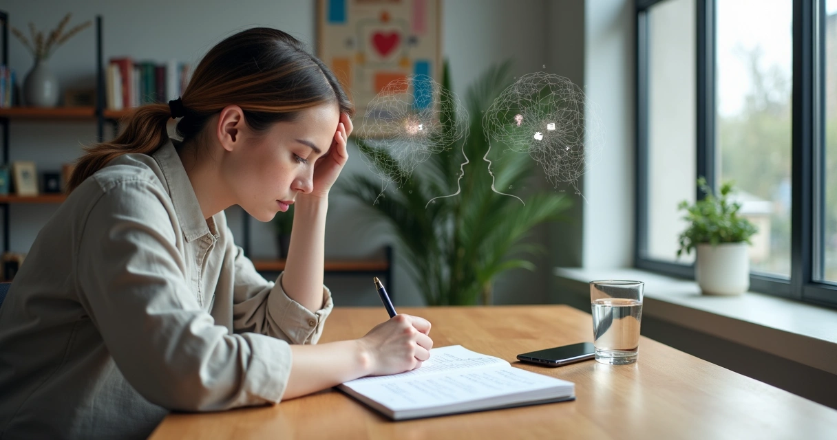 Person at desk comparing two thought paths for a daily decision 