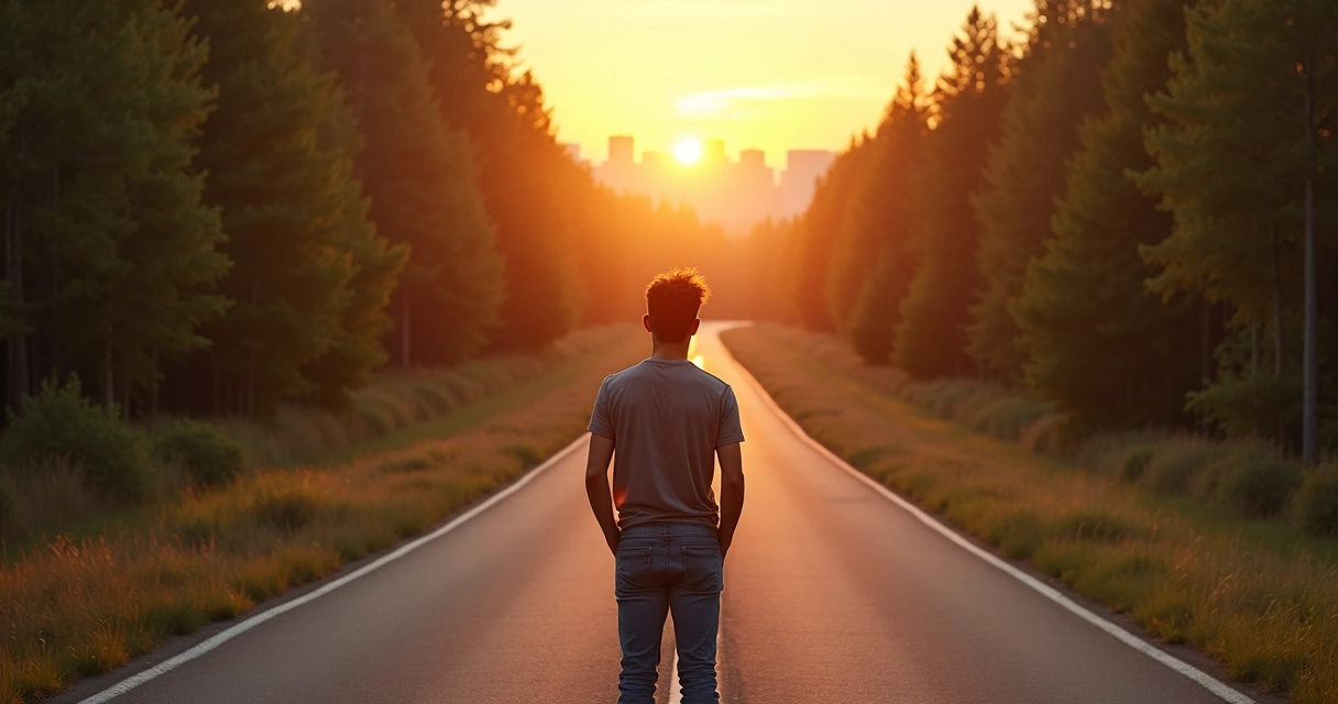 Person standing at a crossroads choosing between a well-paved path and a forest trail 