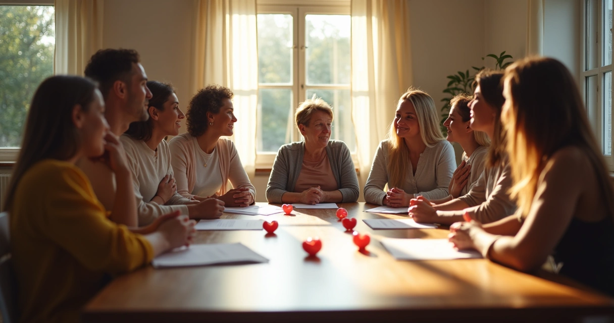 Group discussion around a table, people thinking and listening with empathy 