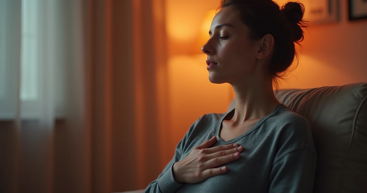 Person sitting thoughtfully with hand over heart, eyes closed, soft light background 