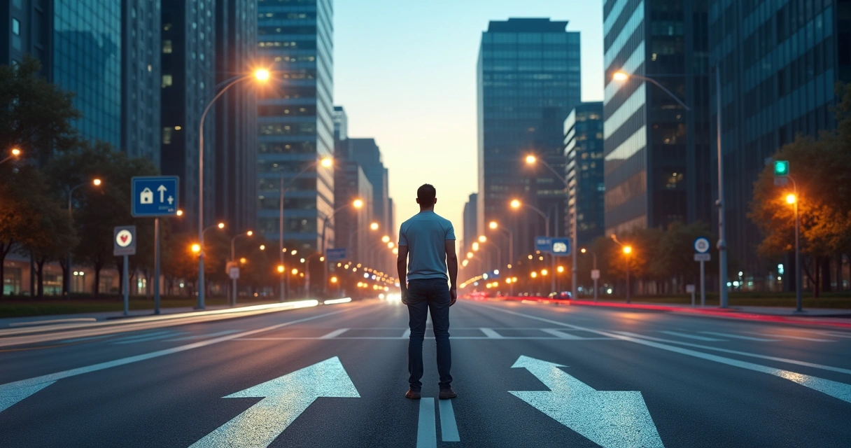 Person at a crossroads contemplating choices in a complex city landscape 