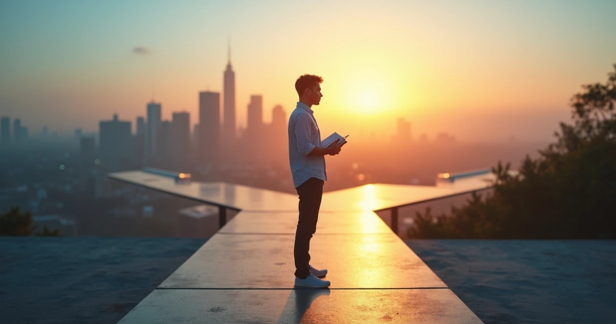 Person at crossroads making a conscious decision with calm focused expression 