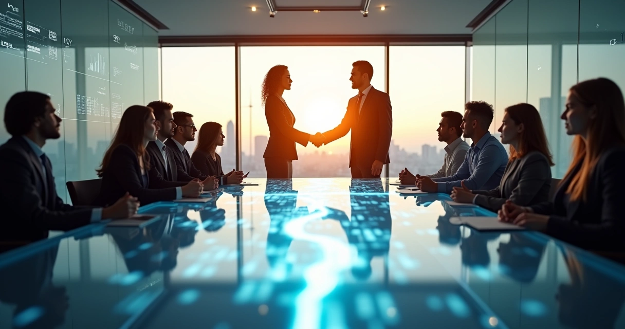 Executives from two companies shaking hands across a glowing puzzle-shaped conference table 