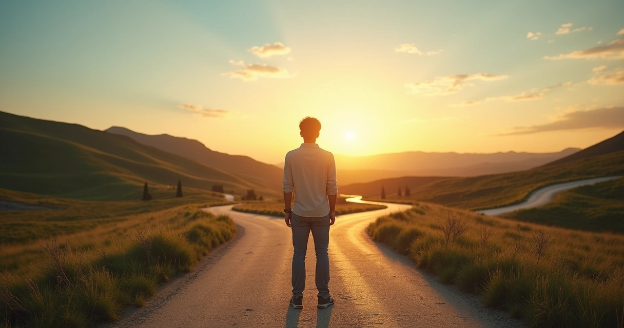 Person standing at a forked path with light guiding a thoughtful decision 